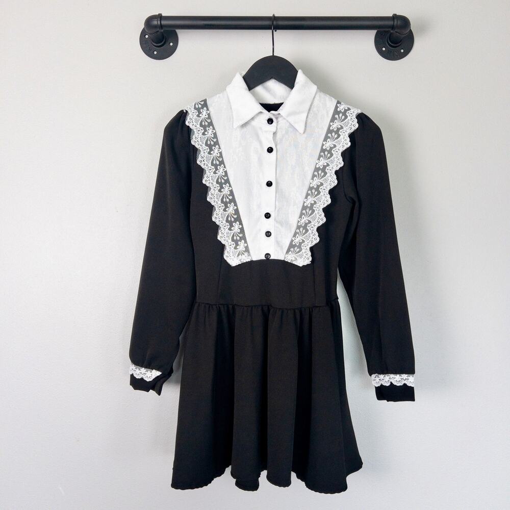 Black Lace Collar Mini Dress Wednesday Addams Gothic Victorian Babydoll Top XS
